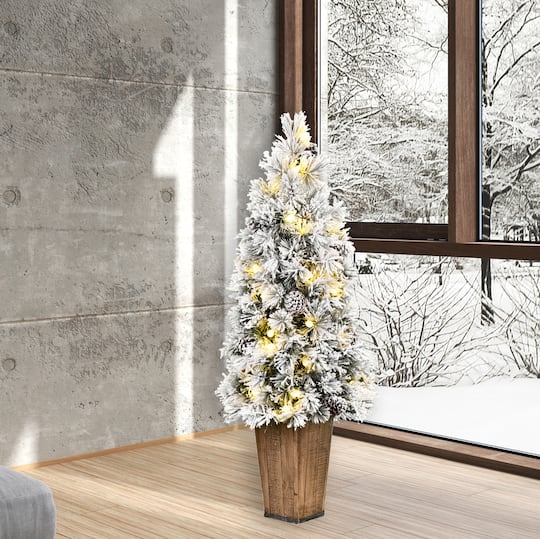 4.5ft. Pre-Lit Flocked Kimball Pine Artificial Christmas Tree in Decorative Planter, Warm White Dura-Lit™ LED Lights